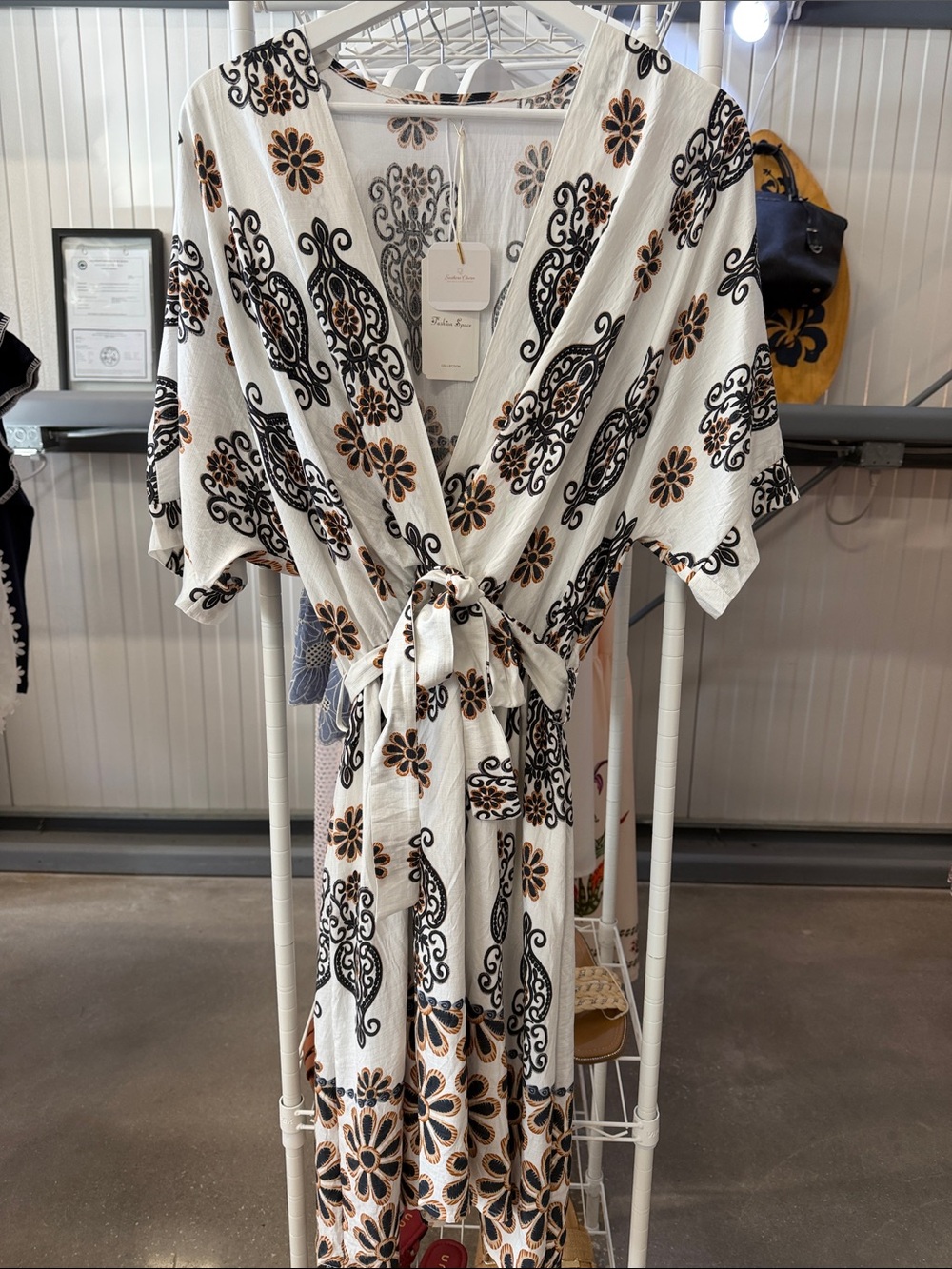 Boho Tie-Front Midi Dress in White with Black & Brown Floral Print